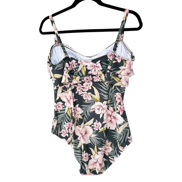 Kona Sol Women's Tropical Palm Floral Ruffle One-Piece Swimsuit Size XL - Picture 4 of 7